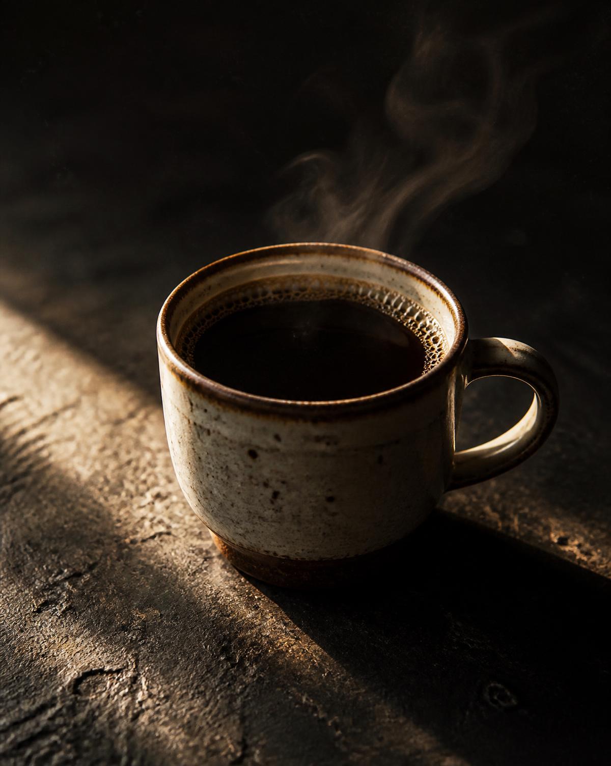 Placeholder image: a cup of black coffee lit by a shaft of warm light