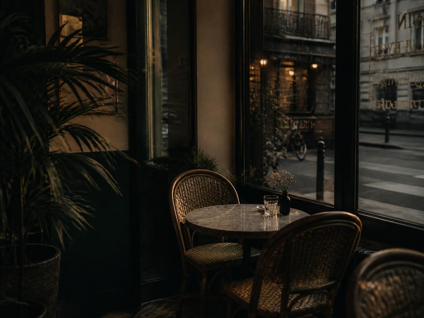 Placeholder image: café seating beside a window in warm evening light